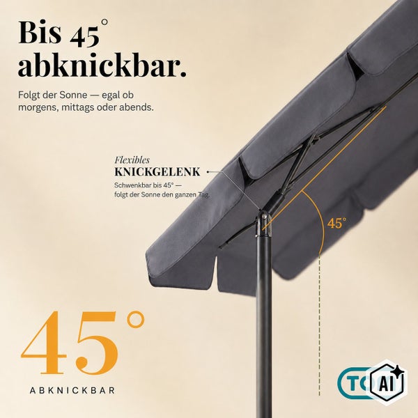 Sonnenschirm mit flexiblem Knickgelenk für eine Neigung bis 45 Grad für optimale Schattenausrichtung und TOM Logo.