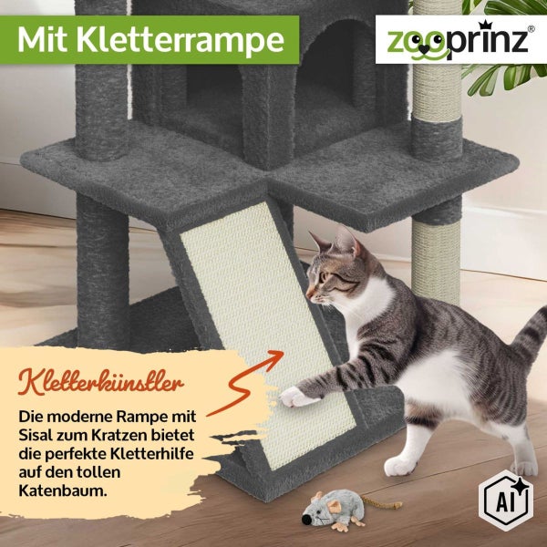 Katzenbaum mit Kletterrampe und Sisal Kratzfläche inklusive Zooprinz Logo und einer Katze die an der Rampe spielt.