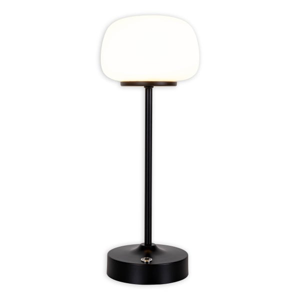 LED Akku-/ Tischleuchte PINA 30 cm hoch, aus Metall (schwarz) und Glas (weiß), integrierte LEDs, warmweiß