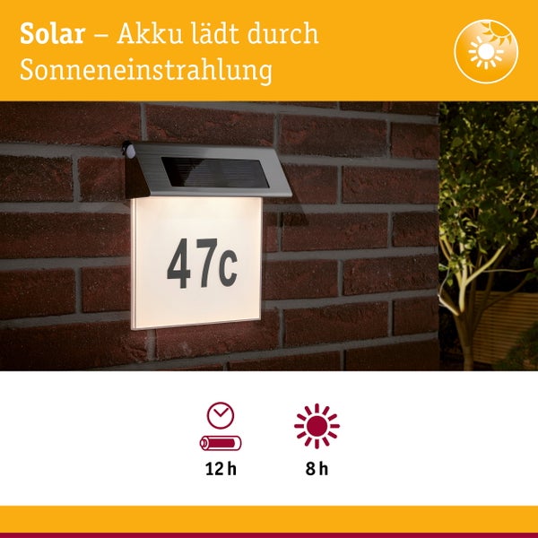 Solar Hausnummernleuchte mit integriertem Akku, leuchtet 12 Stunden und benötigt 8 Stunden Ladezeit bei Sonnenlicht.