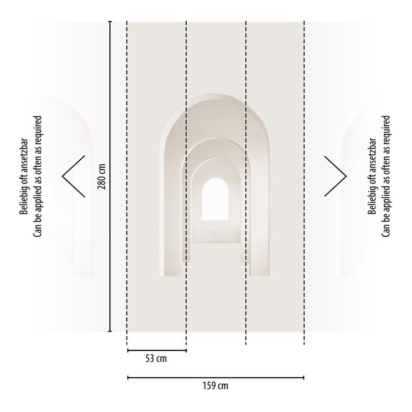 Fototapete mit 3D-Bögen, 280 Zentimeter Höhe, 159 Zentimeter Breite, 3 Bahnen zu je 53 Zentimeter, beliebig oft ansetzbar.