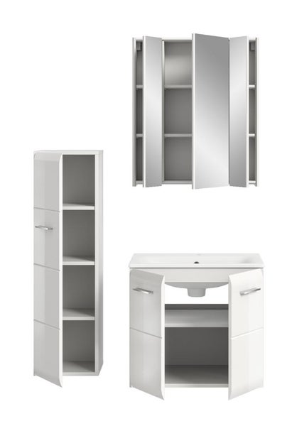 Weißes Badezimmermöbel-Set mit Spiegelschrank, Waschbeckenunterschrank inklusive Waschbecken und Hochschrank mit geöffneten Türen.