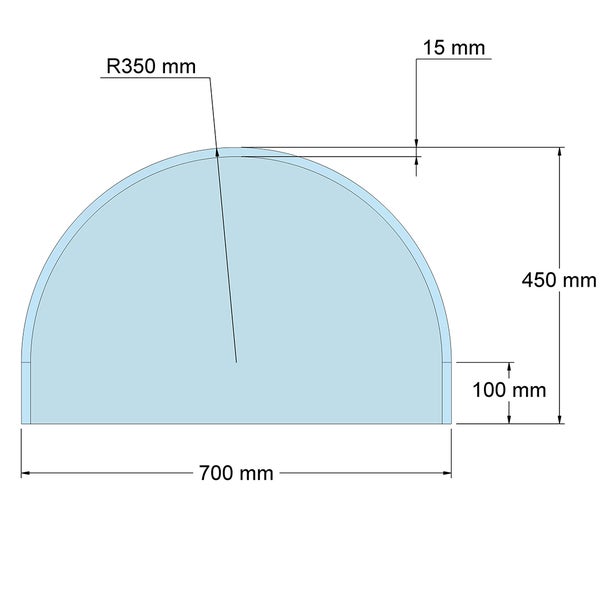 Technische Zeichnung eines halbkreisförmigen Elements mit Maßen: Breite 700 Millimeter, Höhe 450 Millimeter und Seitenhöhe 100 Millimeter.