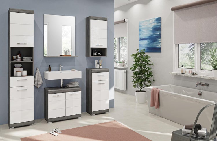Scout Badschrank wandhängend 1 Tür, 1 Ablage Hochglanz weiß,rauchfarbenen. 37 X 24 X 79 cm