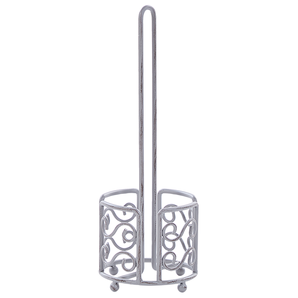 Stehender Toilettenpapierhalter aus Metall mit Schnörkel-Dekor für mehrere Rollen.
