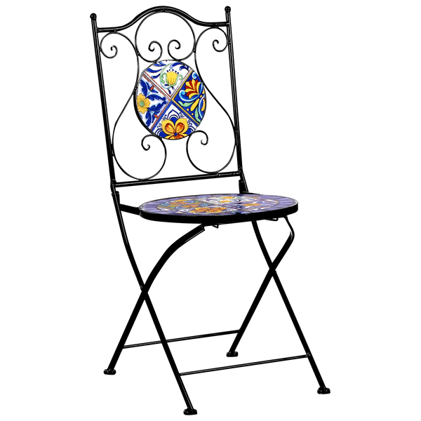 Klappstuhl mit Mosaikmuster auf Sitzfläche und Rückenlehne, Metallgestell