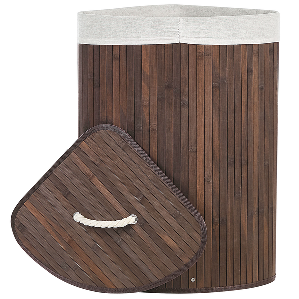 Eck-Wäschekorb aus Bambus mit herausnehmbarem Stoffeinsatz und Deckel mit Seilgriff.