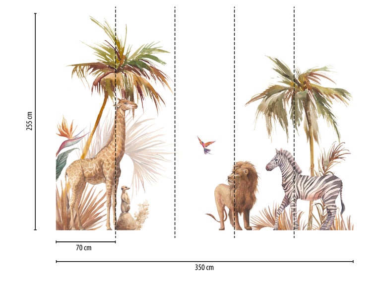 Fototapete mit Safaritieren wie Giraffe, Löwe und Zebra sowie Palmen im Aquarell-Stil. Maße: 255 Zentimeter mal 350 Zentimeter.