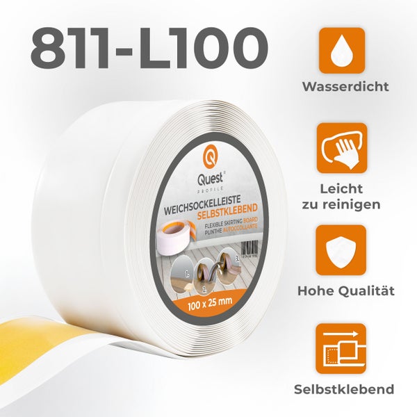 Quest Weichsockelleiste Selbstklebend, Breite Sockelleiste 100 x 25 mm, PVC Knickleiste für Wand, Boden, Flexibel, Weiß, 1 Meter