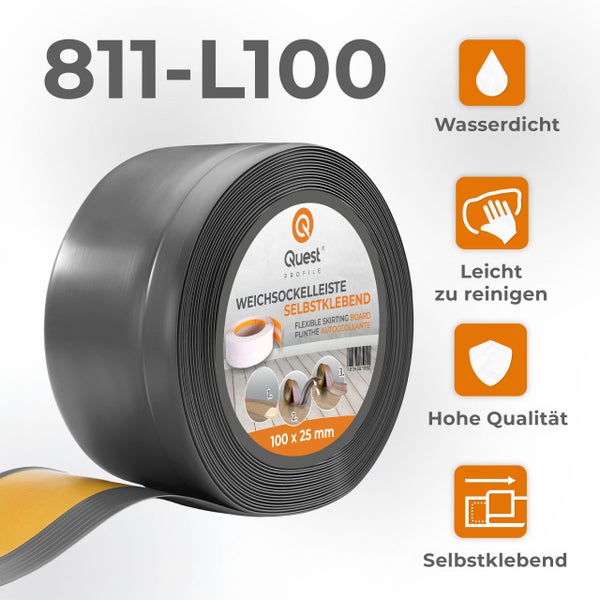Quest Weichsockelleiste Selbstklebend, Breite Sockelleiste 100 x 25 mm, PVC Knickleiste für Wand, Boden, Flexibel, Dunkelgrau, 1 Meter