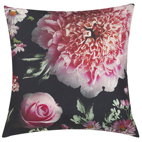 Quadratisches Zierkissen mit floralem Muster aus Pfingstrosen und Rosen.