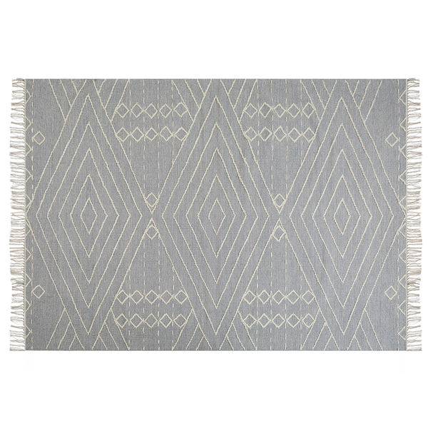 Flachgewebter Teppich mit geometrischem Rautenmuster und Fransen.