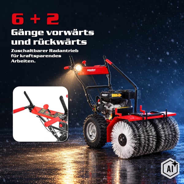 Hecht Kehrmaschine mit Benzinmotor, Scheinwerfer, 6 Vorwärts- und 2 Rückwärtsgängen sowie zuschaltbarem Radantrieb für den Wintereinsatz.