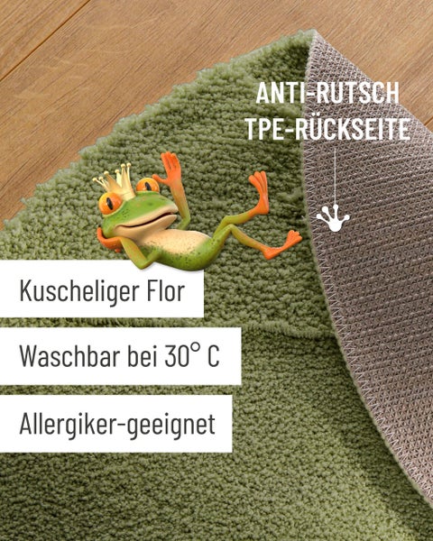 Grüne Badematte mit kuscheligem Flor, rutschhemmender TPE-Rückseite, waschbar bei 30 Grad und für Allergiker geeignet.