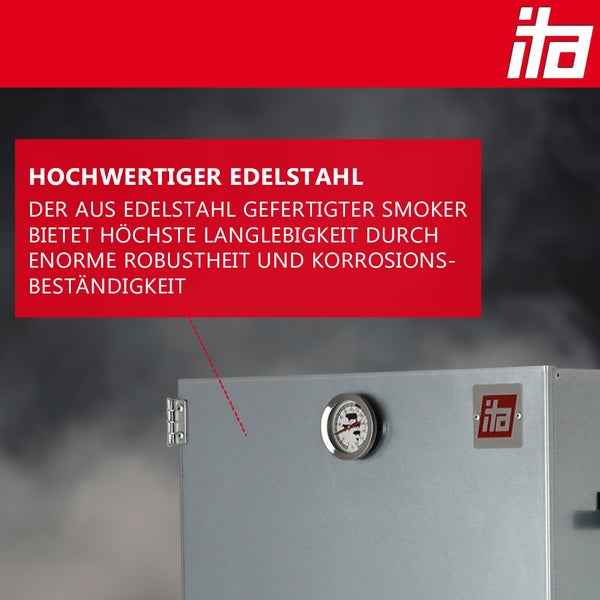 Detailansicht eines Edelstahl-Smokers mit Thermometer und Ita Logo. Hinweistext zur Langlebigkeit und Korrosionsbeständigkeit von Edelstahl.