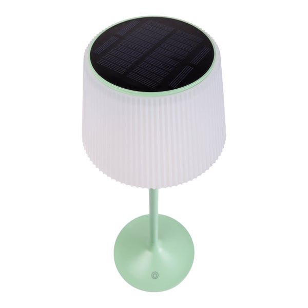 Solar-Akkutischleuchte EMMI  38 cm hoch, Schirm Ø 13 cm, Metall in Mint und weißer Kunststoff, für den Außenbereich, dimmbar CCT.
