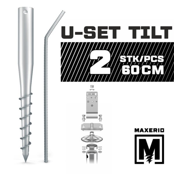 MAXERIO® 60 cm 2er U-Set TILT + 9 cm Pfostenträger für Schraubfundament Bodenhülse Erdanker Erdschraube Erdschraubenfundament Bodenanker Schraubanker Fundament für Spielturm Zaun Pfosten Pavillon