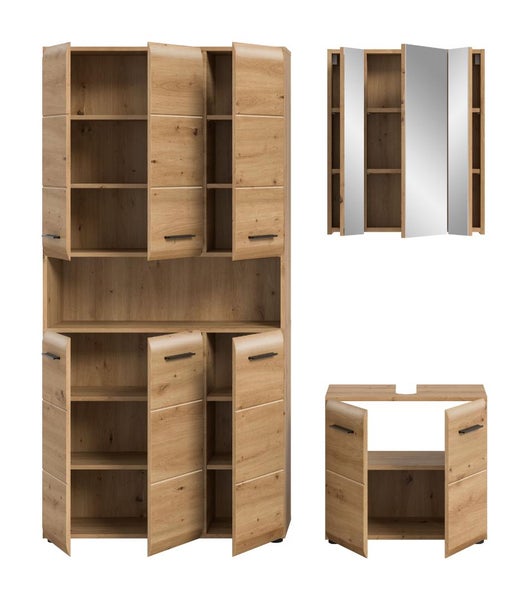 Dreiteiliges Badezimmermöbel-Set in Eiche-Optik mit Hochschrank, Spiegelschrank und Waschbeckenunterschrank mit schwarzen Griffen.