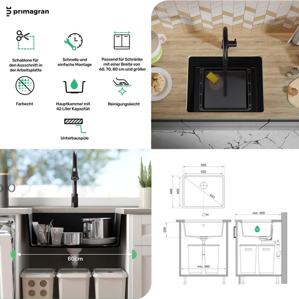 PRIMAGRAN Unterbauspüle Granit Alles Weiß 56x44cm, Spülbecken 1 Becken + Küchenarmatur 40x20cm + Ablauf-Set, Granitspüle ab 60er Unterschrank - Venedig Easy