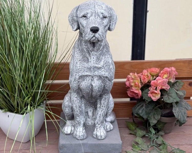 Graue Gartenfigur in Form eines sitzenden Hundes in Steinoptik, dekoriert mit Pflanzen auf einer Holzbank.