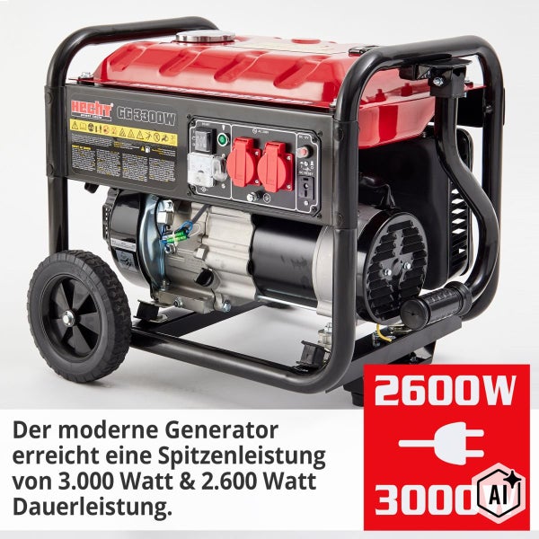 Hecht Stromerzeuger GG 3300W mit 3000 Watt Spitzenleistung und 2600 Watt Dauerleistung auf einem stabilen Rahmen mit Rädern.