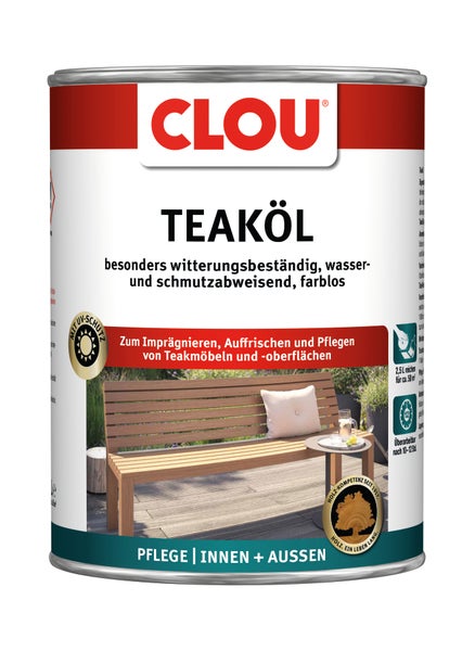 Dose CLOU Teaköl farblos, 2,5 Liter, witterungsbeständig und wasserabweisend, für Teakmöbel im Innen- und Außenbereich.