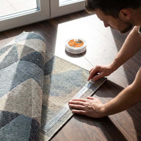 Ein Mann befestigt einen Teppich mit doppelseitigem Klebeband auf einem Holzboden.