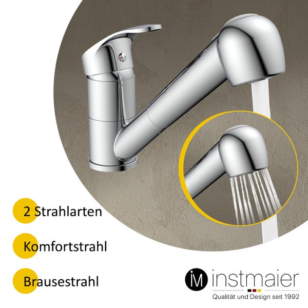 instmaier Küchenarmatur K2 | Ausziehbare Brause | Wasserhahn Küche mit 2 Funktionen | Spültischarmatur Chrom | 360° schwenkbar | mit Zentralverschraubung