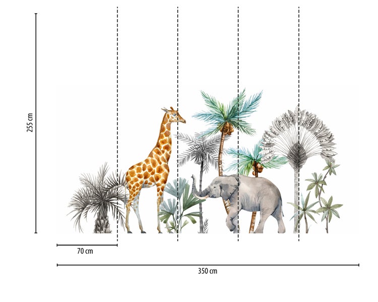 Fototapete für Kinder mit Giraffe, Elefant und Palmen. Maße 350 Zentimeter mal 255 Zentimeter, 5 Bahnen je 70 Zentimeter.