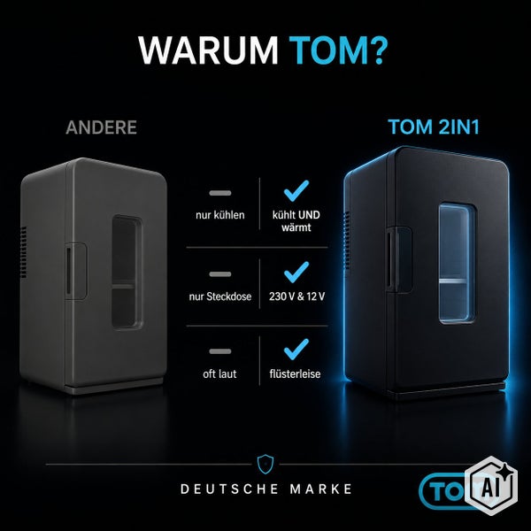 Vergleichsgrafik zwischen einem herkömmlichen Minikühlschrank und dem Tom 2 in 1 Minikühlschrank mit Kühl- und Wärmefunktion.