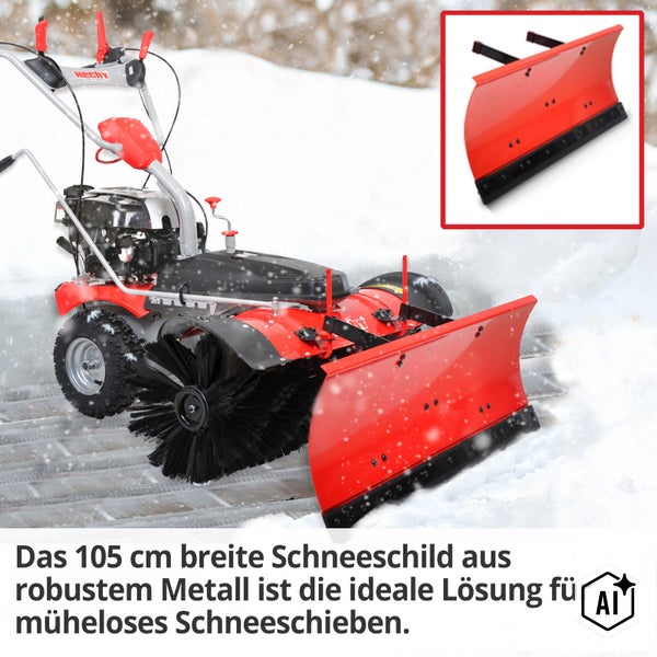 Hecht Schneeschild 105 cm aus Metall montiert an einer Kehrmaschine zum Schneeräumen.