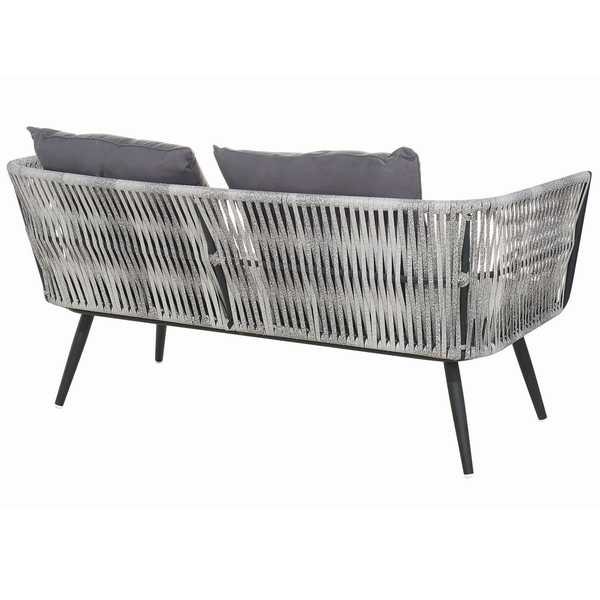 Gartencouch mit Rattanoptik und grauen Kissen von hinten.