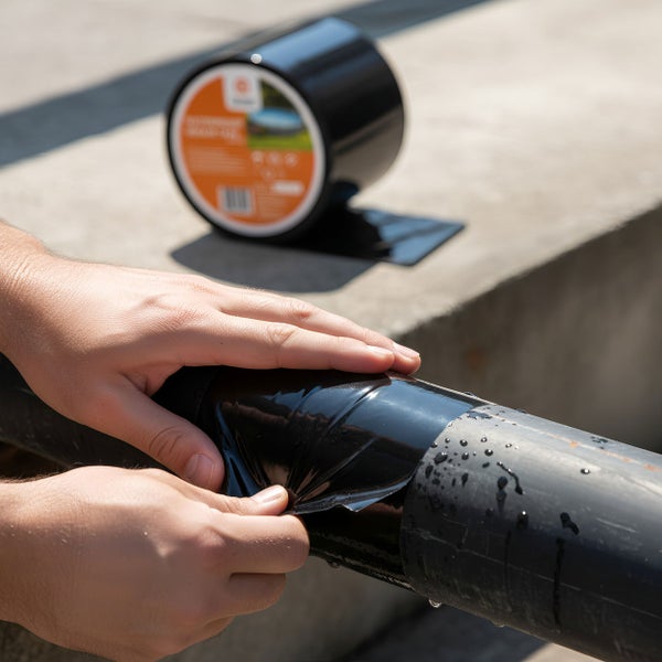 Eine Person repariert ein Rohr mit Dichtungsband. Im Hintergrund ist eine Rolle Dichtungsband zu sehen.