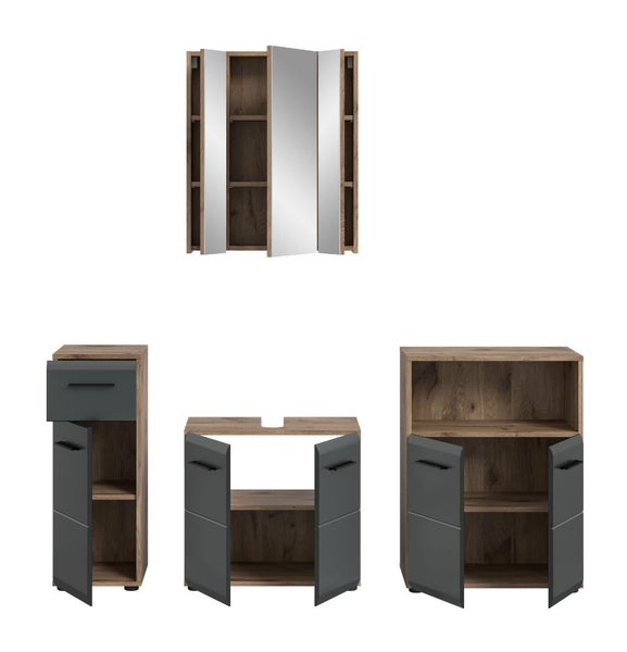 Badmöbel-Set in Holzoptik mit anthrazitfarbenen Fronten, bestehend aus Spiegelschrank, Waschbeckenunterschrank und zwei Beistellschränken.