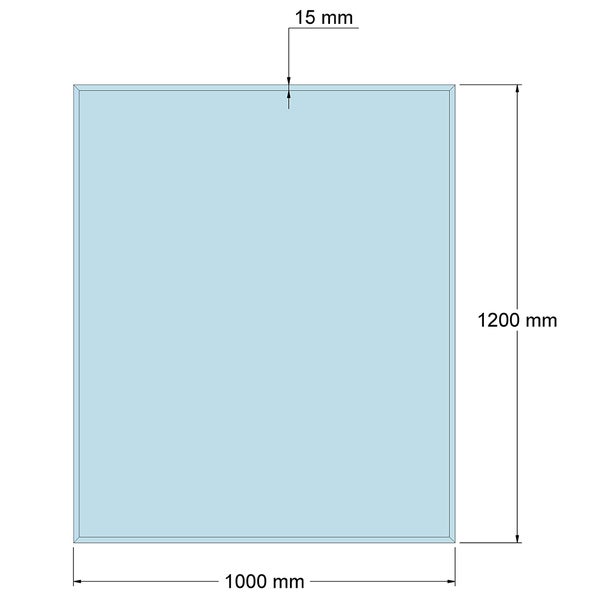 Technische Zeichnung einer rechteckigen Glasplatte mit den Maßen 1000 Millimeter Breite, 1200 Millimeter Höhe und 15 Millimeter Randbreite.
