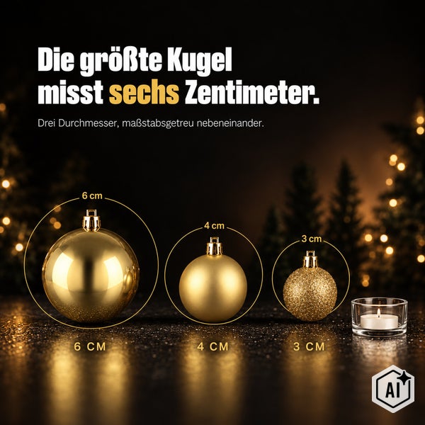 Drei Weihnachtskugeln in verschiedenen Größen mit sechs Zentimeter, vier Zentimeter und drei Zentimeter Durchmesser zur Größenveranschaulichung.