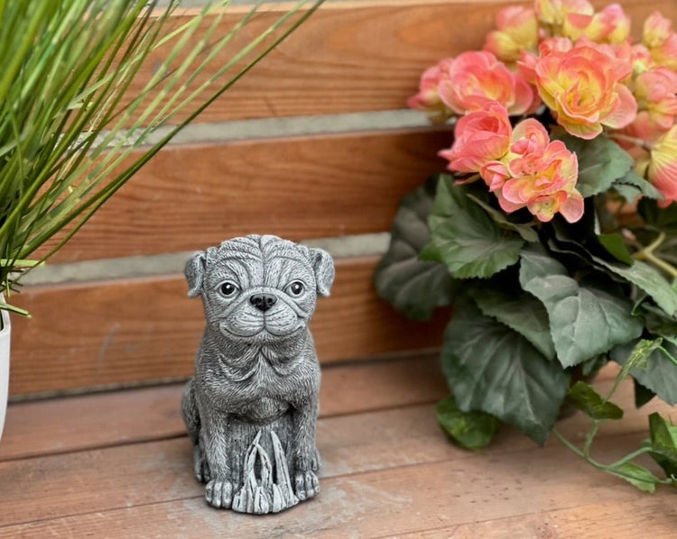 Gartenfigur in Form eines sitzenden Mops-Welpen aus Steinguss, dekoriert im Garten neben Pflanzen auf einer Holzoberfläche.