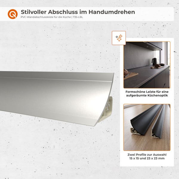 PVC Wandabschlussleiste für Küchenarbeitsplatten in verschiedenen Größen und Ausführungen zur sauberen Abdichtung.