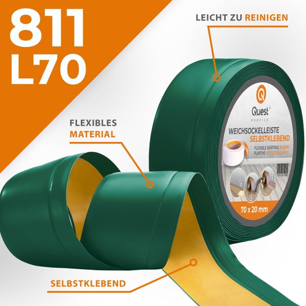 Quest Weichsockelleiste, Breite Sockelleiste 70 x 20 mm, PVC Knickleiste für Wand, Boden, Flexibel, Grün, 1 Meter