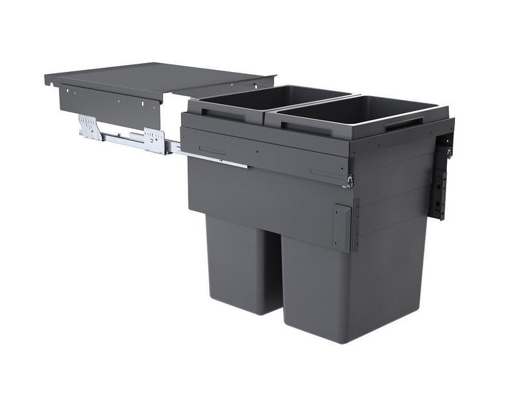 Ausziehbarer Abfallsammler aus Kunststoff mit zwei Behältern und Metallauszug für Küchenunterschränke.