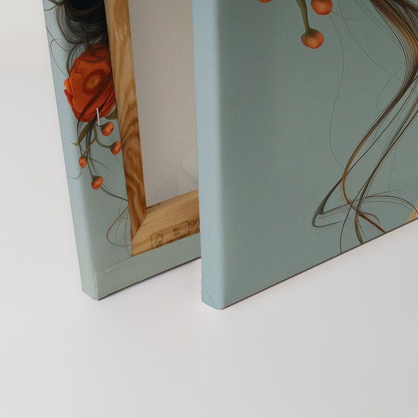 Detailansicht einer Leinwand mit Blumenmotiv und Holzrahmen