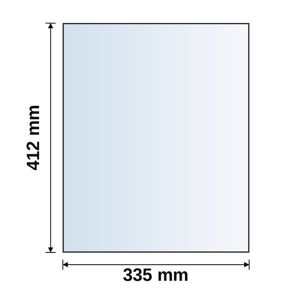 Maßzeichnung eines rechteckigen Produkts mit einer Höhe von 412 Millimeter und einer Breite von 335 Millimeter.