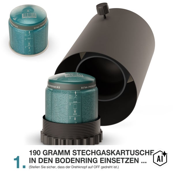 Gasbrenner mit eingesetzter 190 Gramm Stechgaskartusche für Lötarbeiten und Camping
