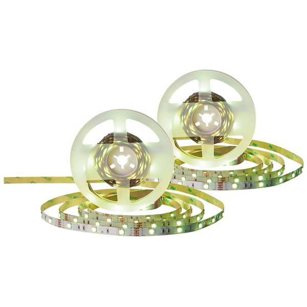 Zwei leuchtende LED-Streifen auf Rollen mit selbstklebender Rückseite und 3M Logo.