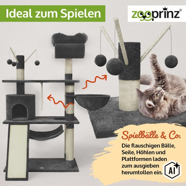 Ein hoher Kratzbaum von Zooprinz mit Höhle, Hängematte, Liegeplätzen, Spielbällen und Sisalsäulen, der zum Spielen und Ausruhen einlädt.