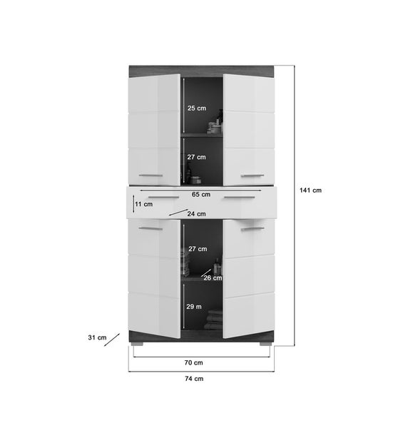 Scout Badschrank 4 Türen, 1 Schublade Hochglanz weiß,rauchfarbenen. 74 X 31 X 141 cm