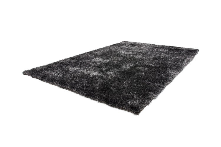 Hochflor-Teppich Shaggy in Dunkelgrau mit glänzenden Fasern, rechteckig.
