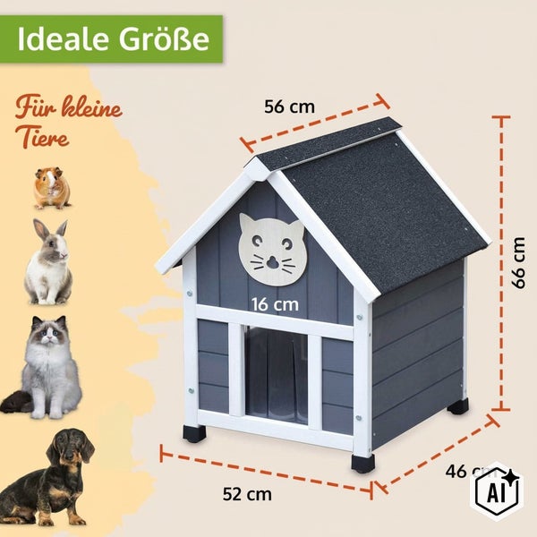 Holz Katzenhaus für kleine Tiere mit Maßen von 52 mal 46 mal 66 Zentimetern und einem 16 Zentimeter breiten Eingang inklusive Katzenmotiv
