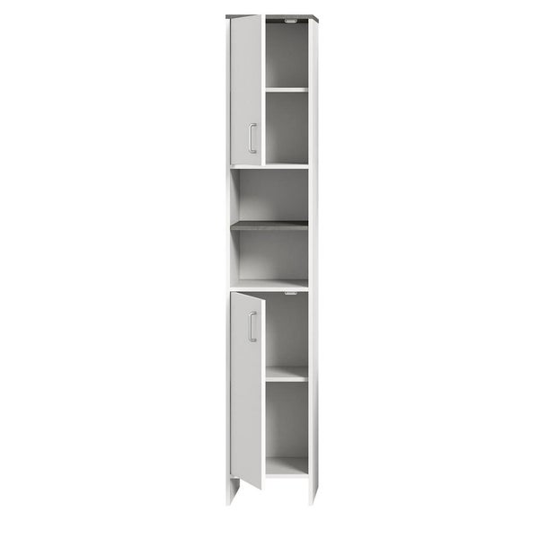 Badezimmer mit Waschbecken, Spiegelschrank, Hochschrank und Unterschrank