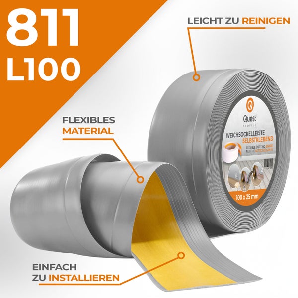 Selbstklebende Weichsockelleiste von Quest Profile in einer Rolle mit 100 mal 25 Millimeter, flexibles Material, einfach zu installieren.